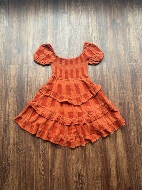 Altar'd State Burnt Orange Smocked Tiered Ruffle Puff Sleeve Boho Mini Dress- XS